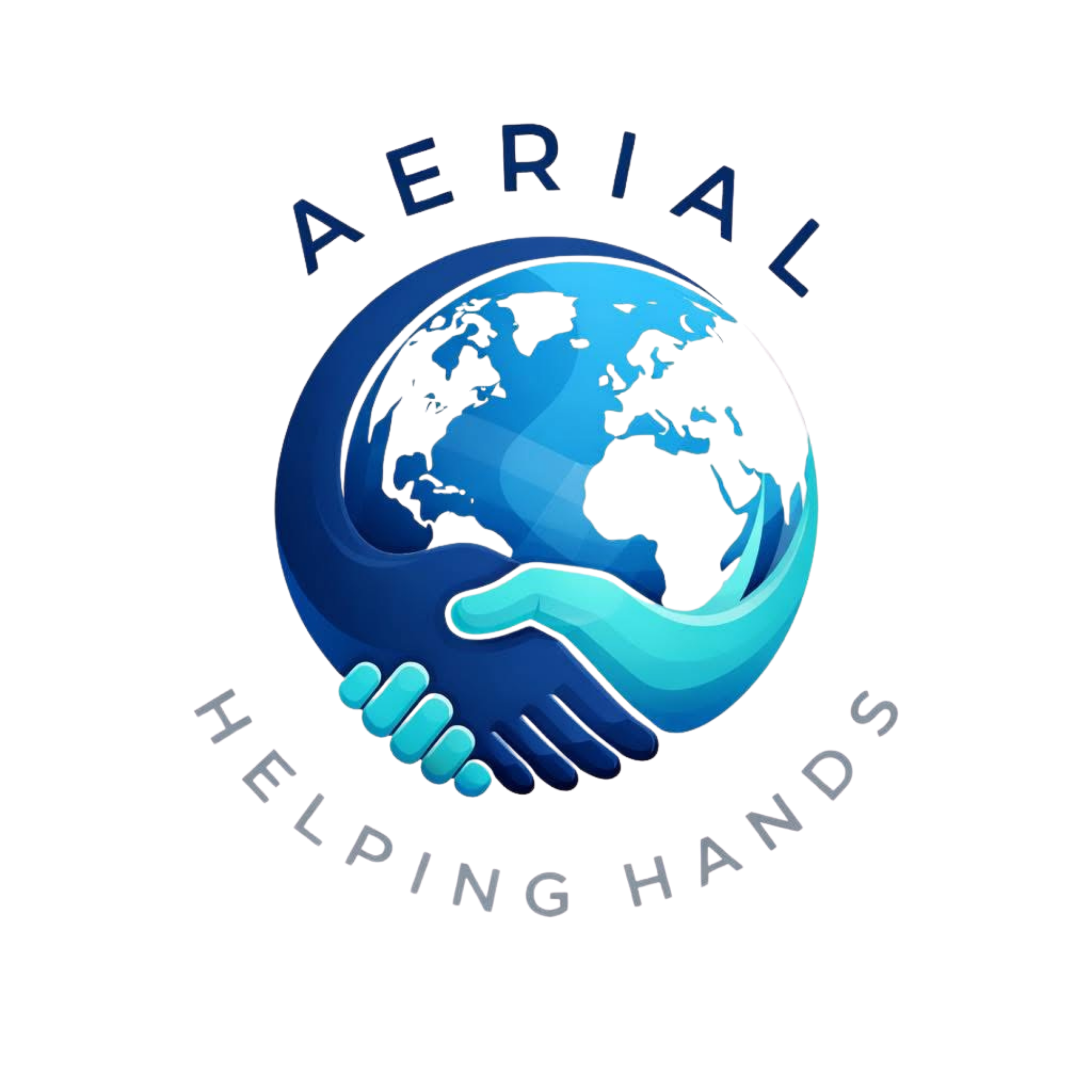 A logo with a globe inside a handshake, and the words 'AERIAL' above and 'HELPING- HANDS' below.