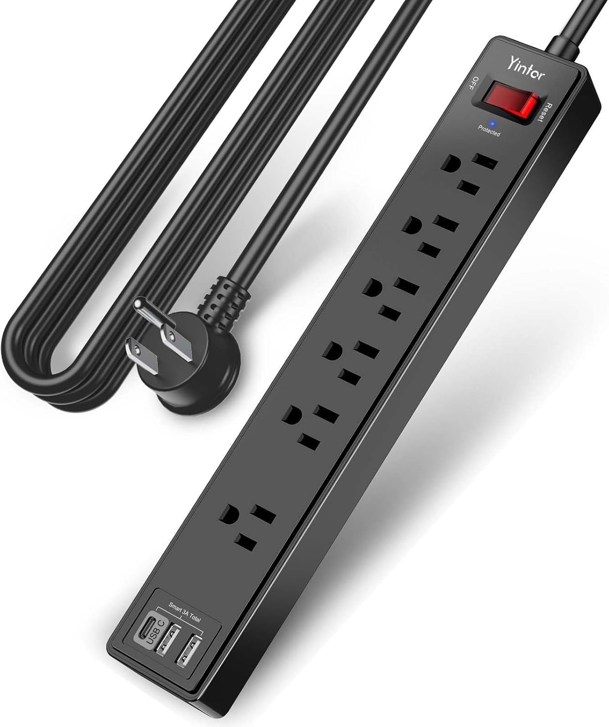 Black power strip with multiple outlets and USB ports, electrical cords, and a plug.