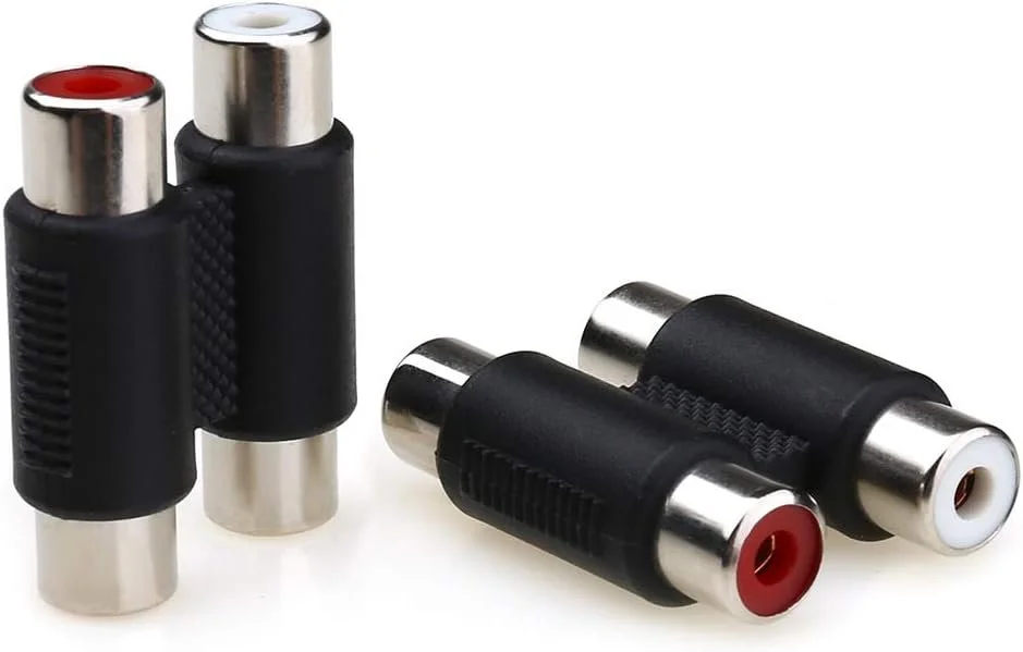Four RCA audio adapters with black plastic bodies, metal connectors, and red or white color coding for left and right audio channels.