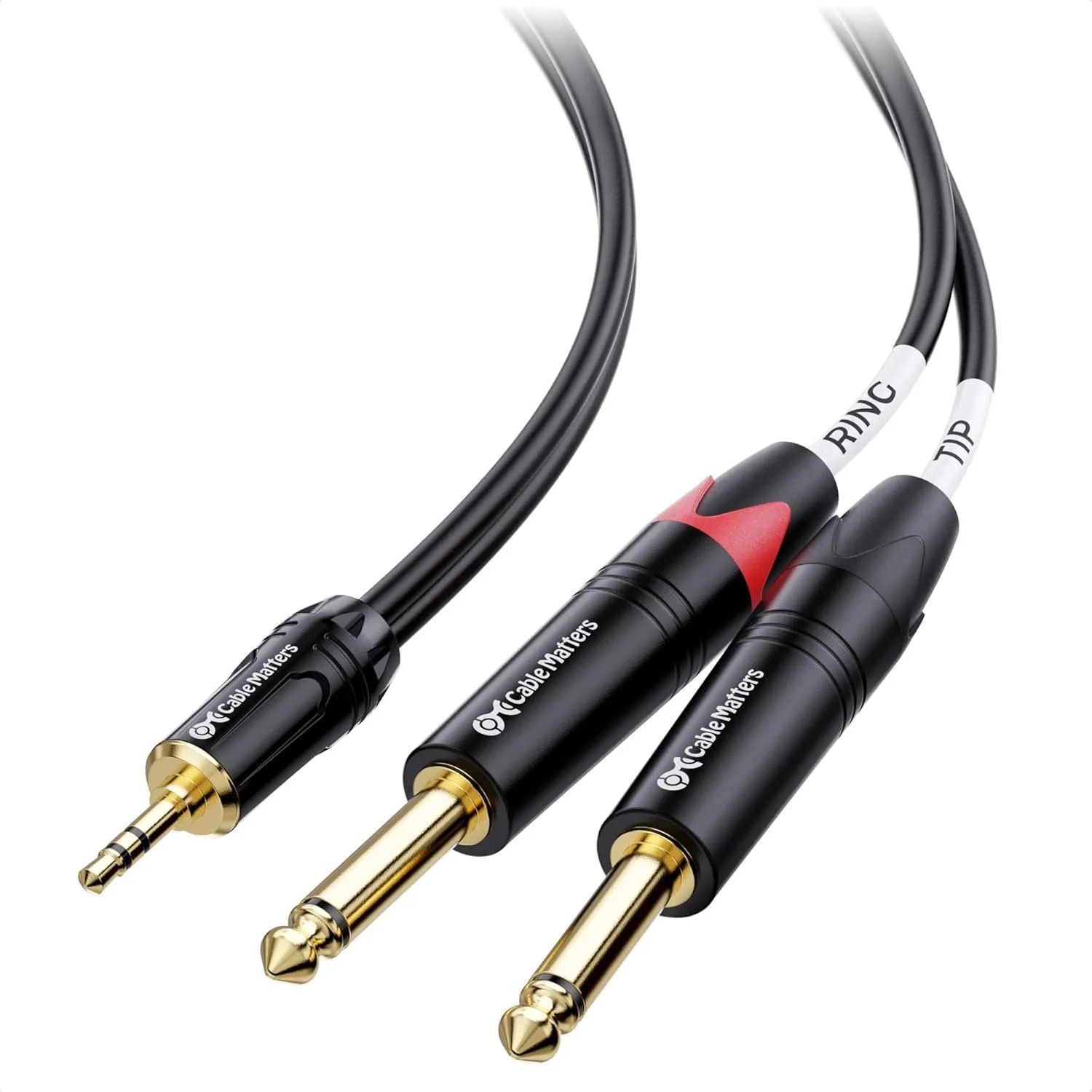 Three black audio cables with gold-plated connectors, labeled 'RING', 'TIP', and 'SLEEVE,' against a white background.