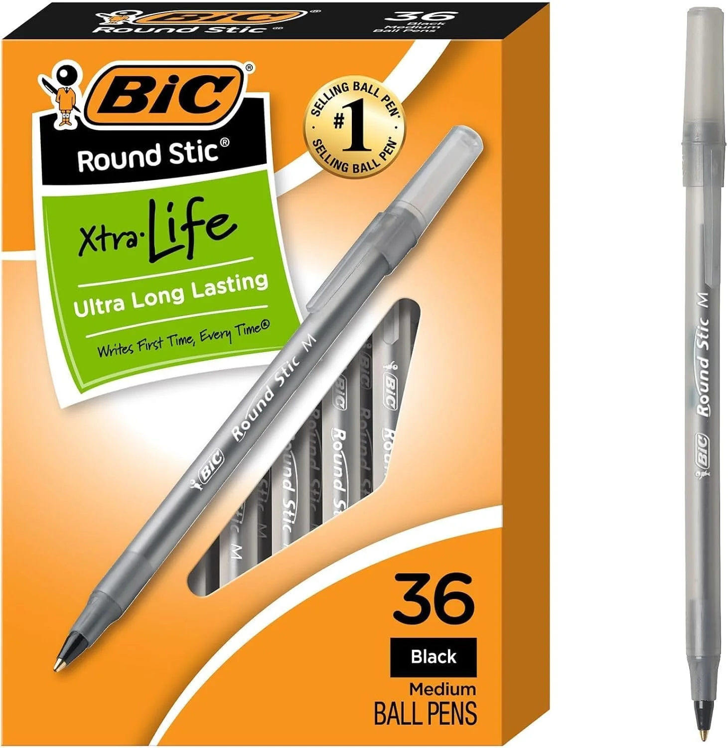 Box of BIC Round Stic xtraLife black medium ballpoint pens with 36 pens inside, displaying some pens and packaging design.