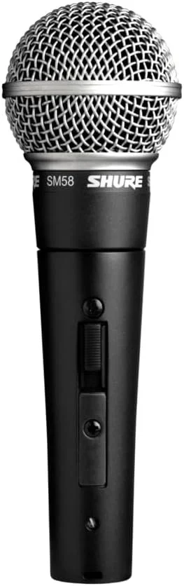 A black Shure SM58 microphone with a silver grille.