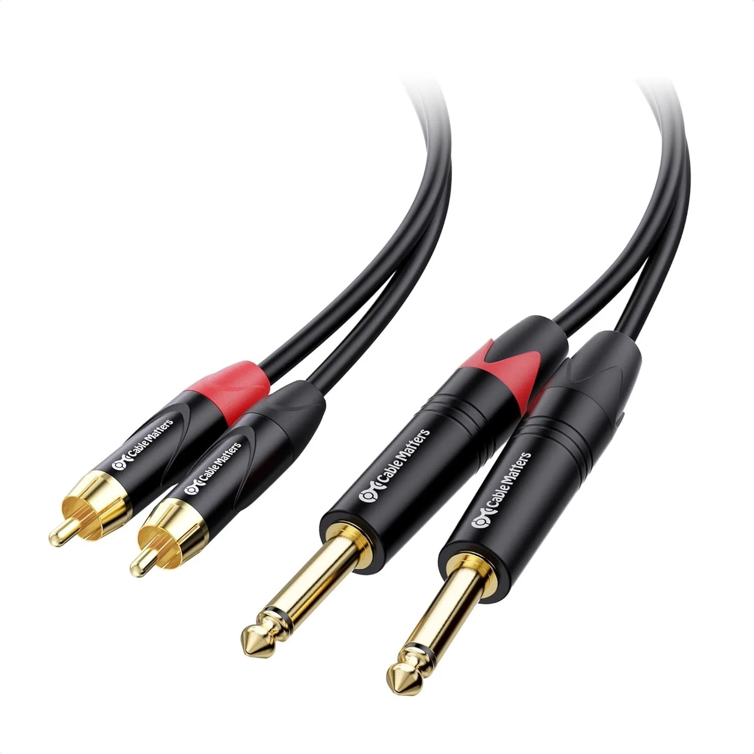 Four black and gold audio connectors with red and black accents, labeled 'Cable Matters' and designed for audio or video device connections.
