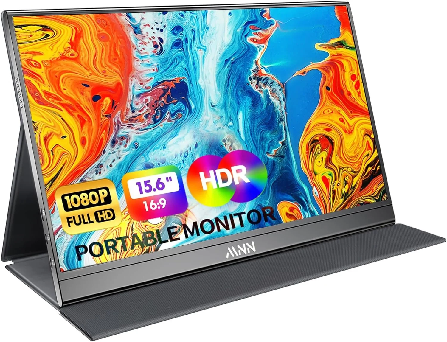 A portable 15.6-inch monitor with a colorful display showing various features including 1080P Full HD resolution, HDR support, and a 16:9 aspect ratio.