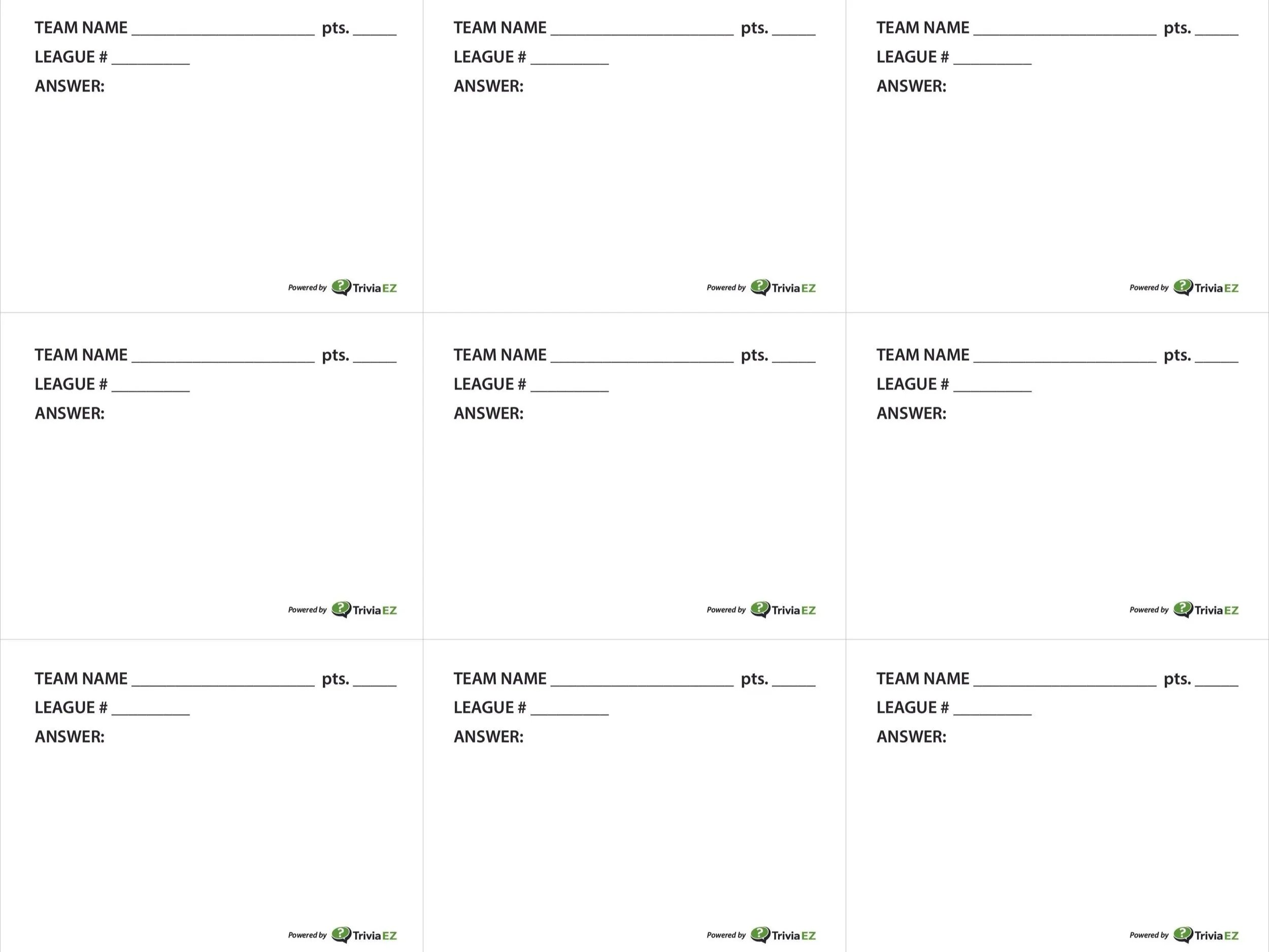 A printable sheet for making answer slips at home featuring team names, points, league numbers, and answers. This sheet has ample space to add your own company logo to the lower left corner of each cell.