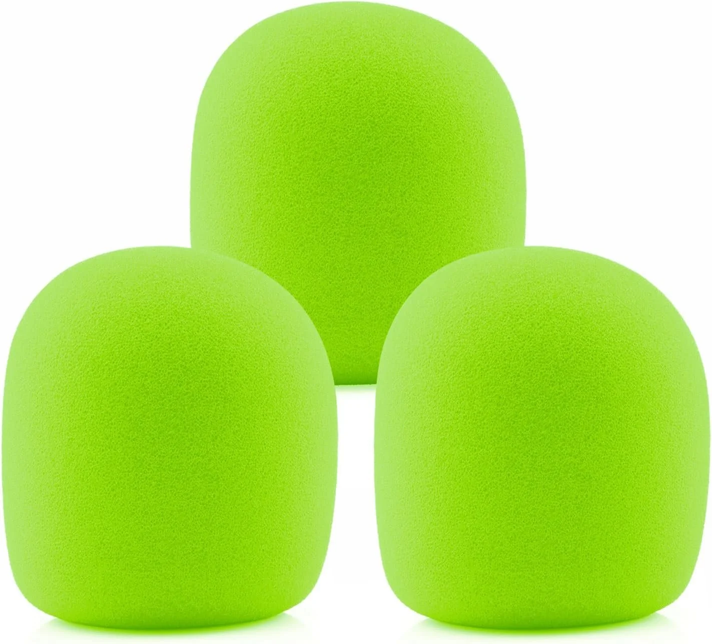 Three bright green tennis balls arranged with one in the back and two in the front on a white background.