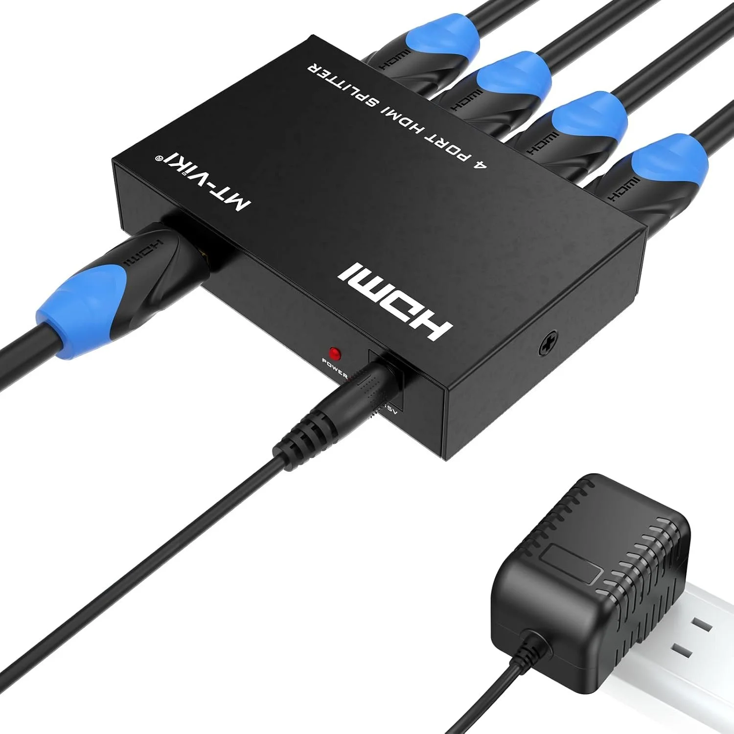 A black rectangular WiFi 4 port hub with multiple connected Ethernet cables that have blue and black connectors. The hub has a power indicator light, a power button, and two cables plugged into it, one for power and one for network connection.