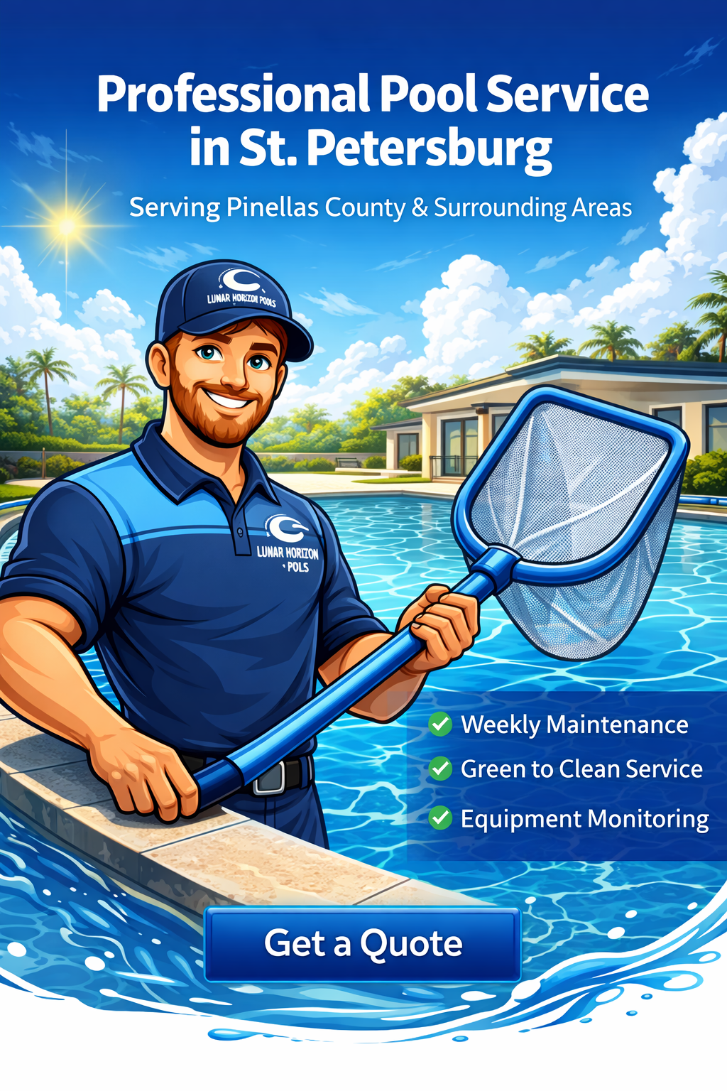 Illustration of a pool maintenance technician holding a pool net in an outdoor backyard pool with a house, trees, and a sunny sky in the background. Text promotes professional pool services in St. Petersburg, serving Pinellas County, including weekly maintenance, eco-friendly clean service, and equipment monitoring. A blue button encourages getting a quote.