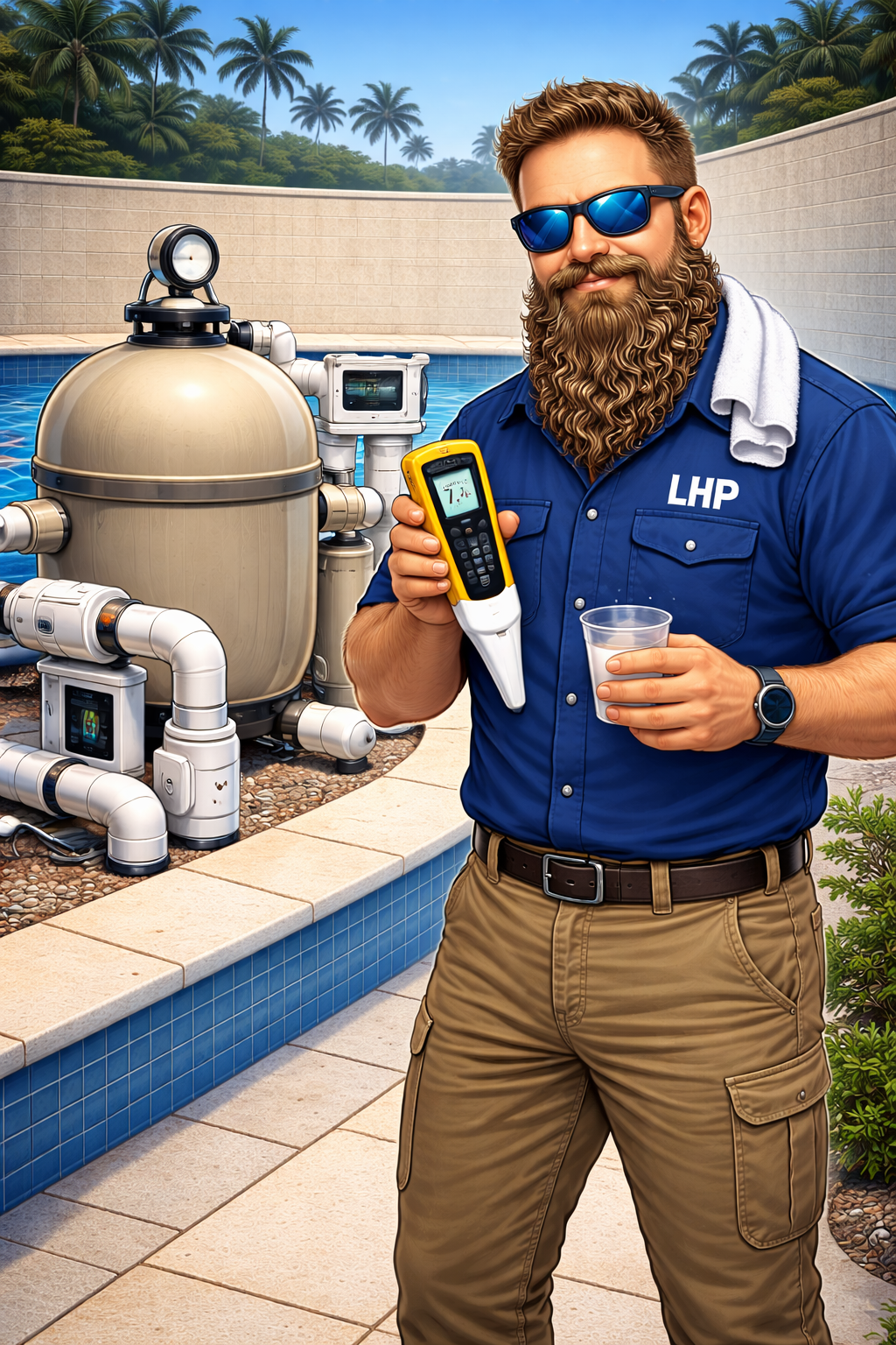 A man with a beard and sunglasses standing by a swimming pool, holding a pool testing digital device and a cup, with pool equipment nearby and palm trees in the background.