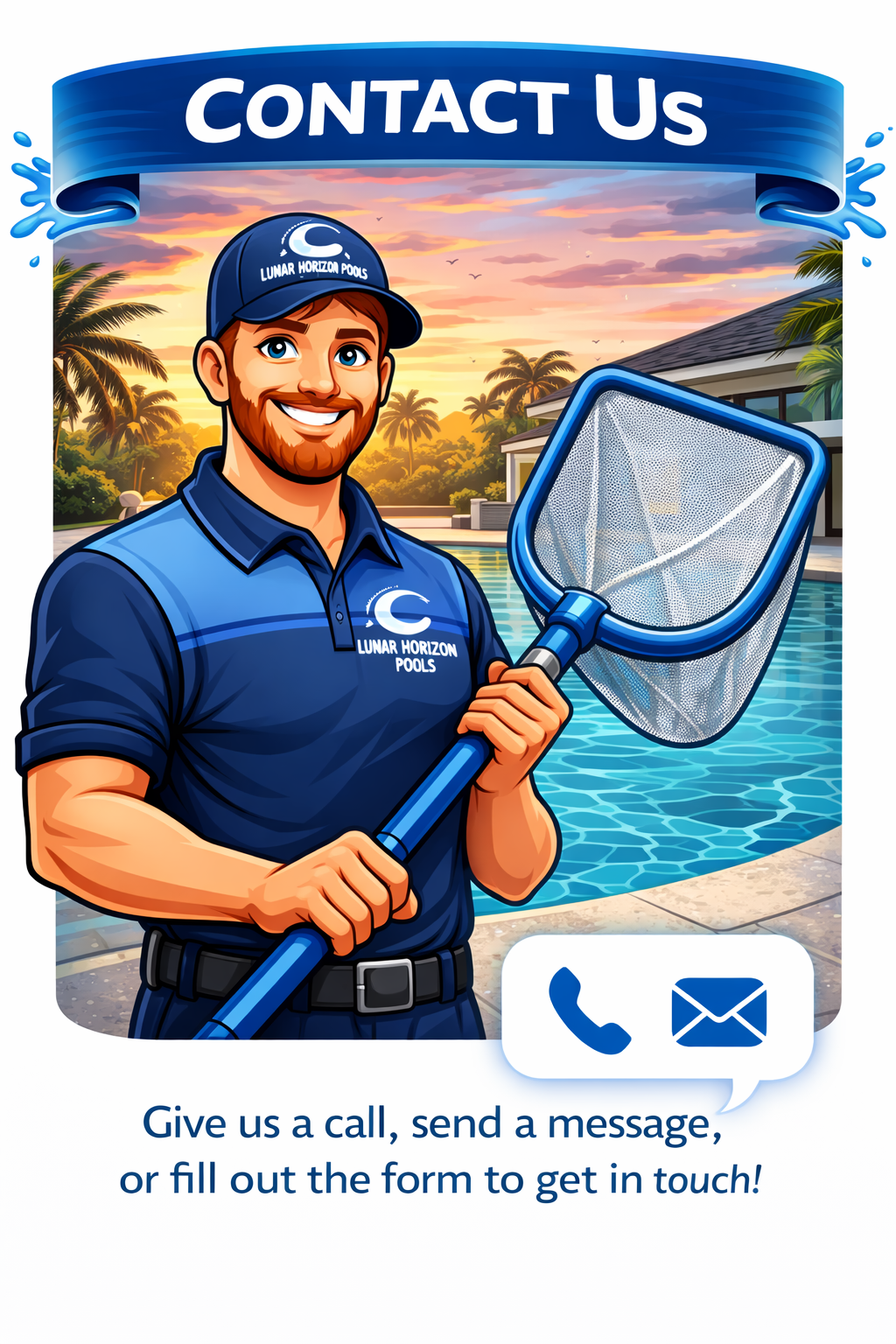 Illustration of a smiling pool technician in a dark blue uniform and cap with 'Lunar Horizon Pools' logo, holding a pool skimmer, standing near a backyard pool during sunset.
