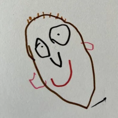 Simple childlike drawing of a smiling face with two eyes, a nose, and a red smile, on white paper.