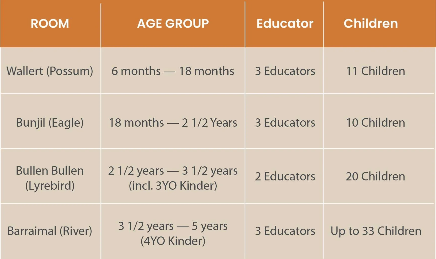 A table displaying information about different animal species, their age groups, number of educators, and children involved in each group. The species include Possum, Eagle, Lyrebird, and River.