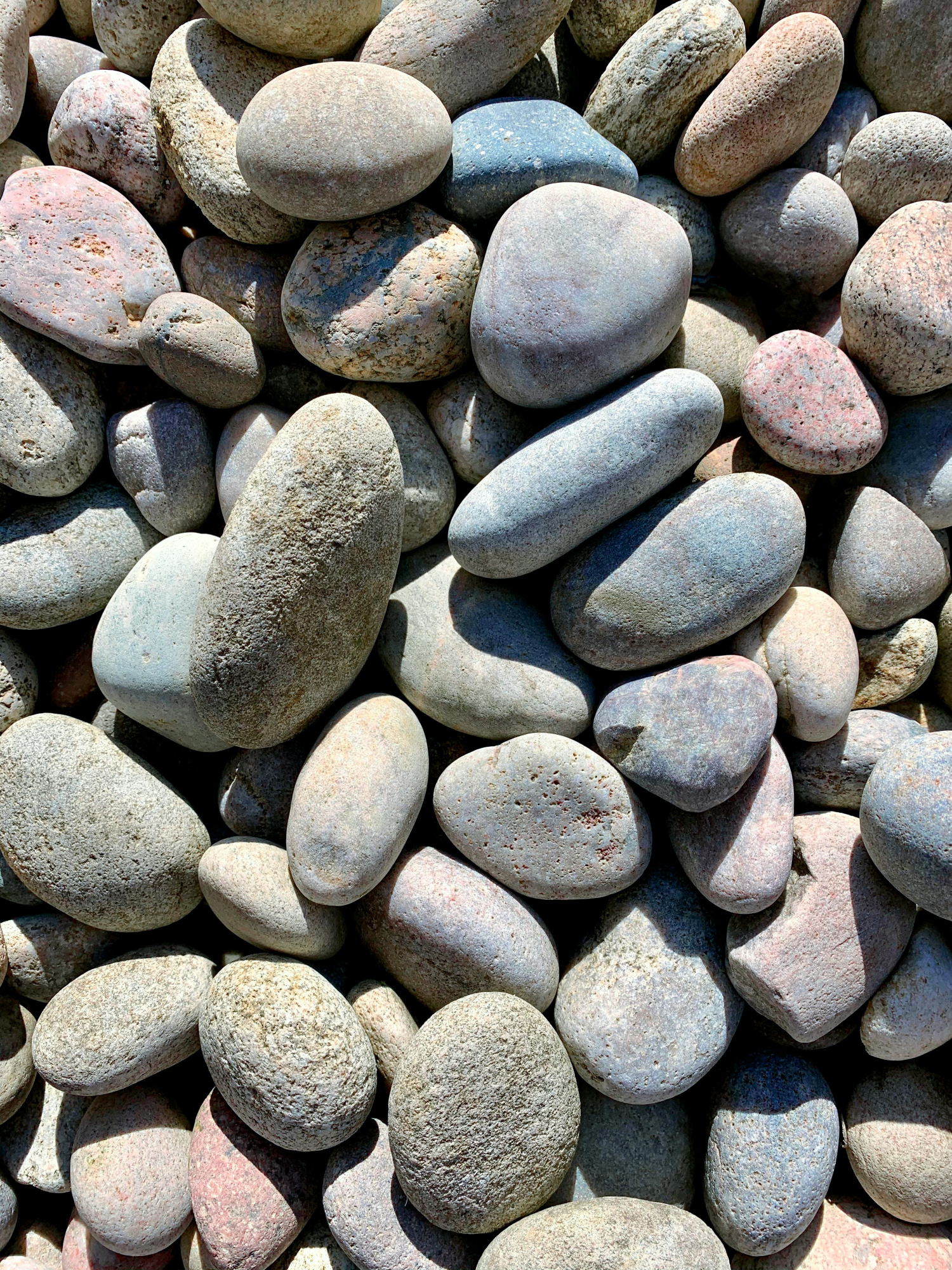 A collection of smooth, multicolored river pebbles of various sizes, arranged closely together.