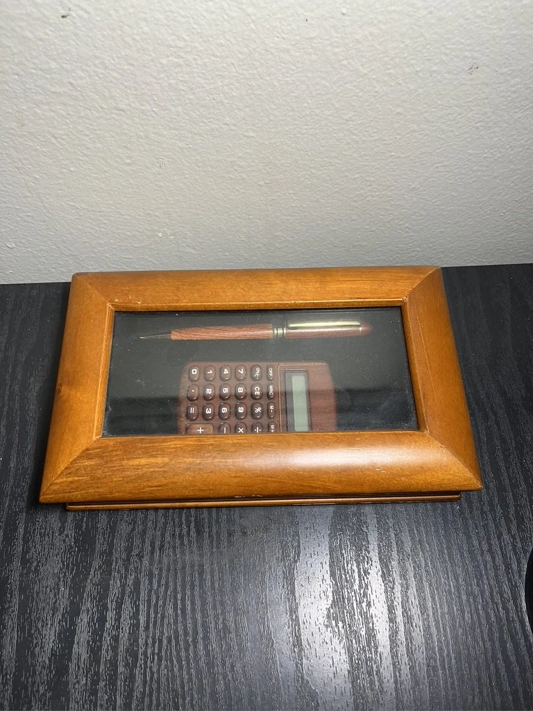 Mahogany Framed Calculator and Pen Set