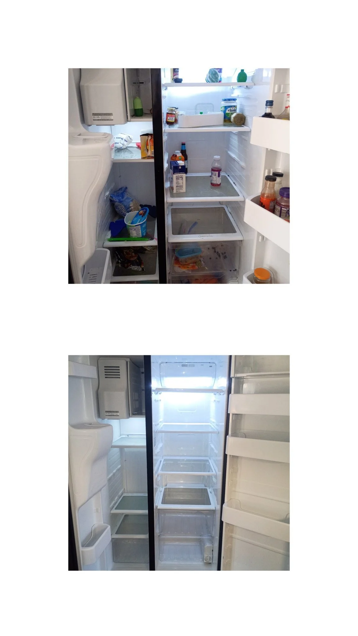Comparison of an empty refrigerator in the bottom image and a cluttered, partially stocked refrigerator in the top image. Move out cleaning in snellville georgia. 