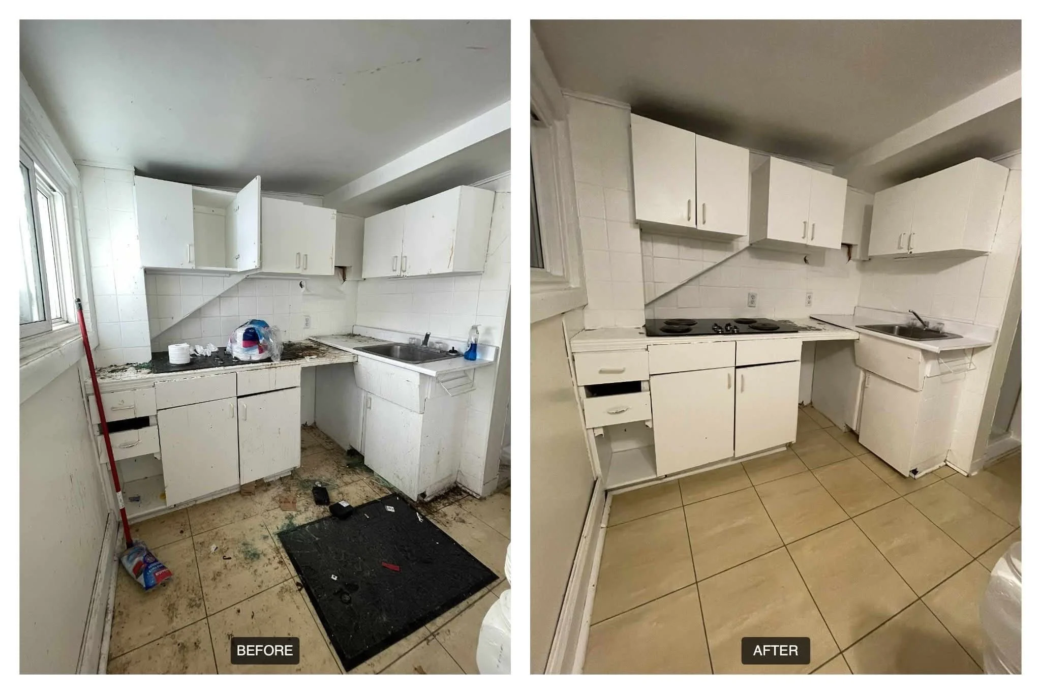 Side-by-side comparison of a kitchen before and after cleaning and renovation. The 'before' image shows a cluttered, dirty kitchen with broken cabinets, dirty countertops, and stained floors. The 'after' image shows a clean, organized kitchen with ne