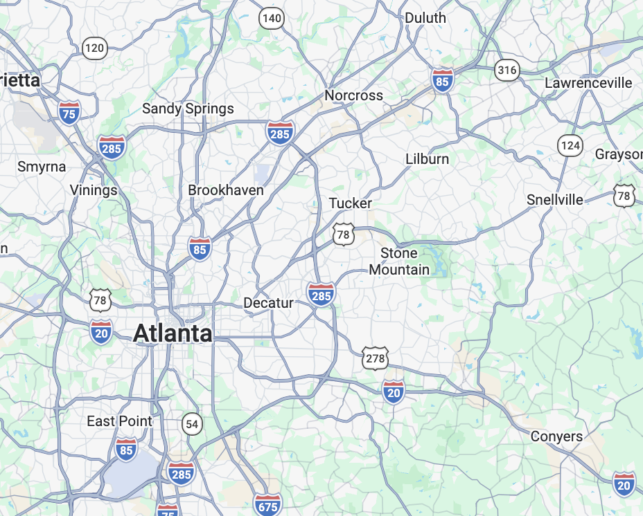 Map of the Atlanta area showing service areas for affordable house cleaning in atlanta metro area.