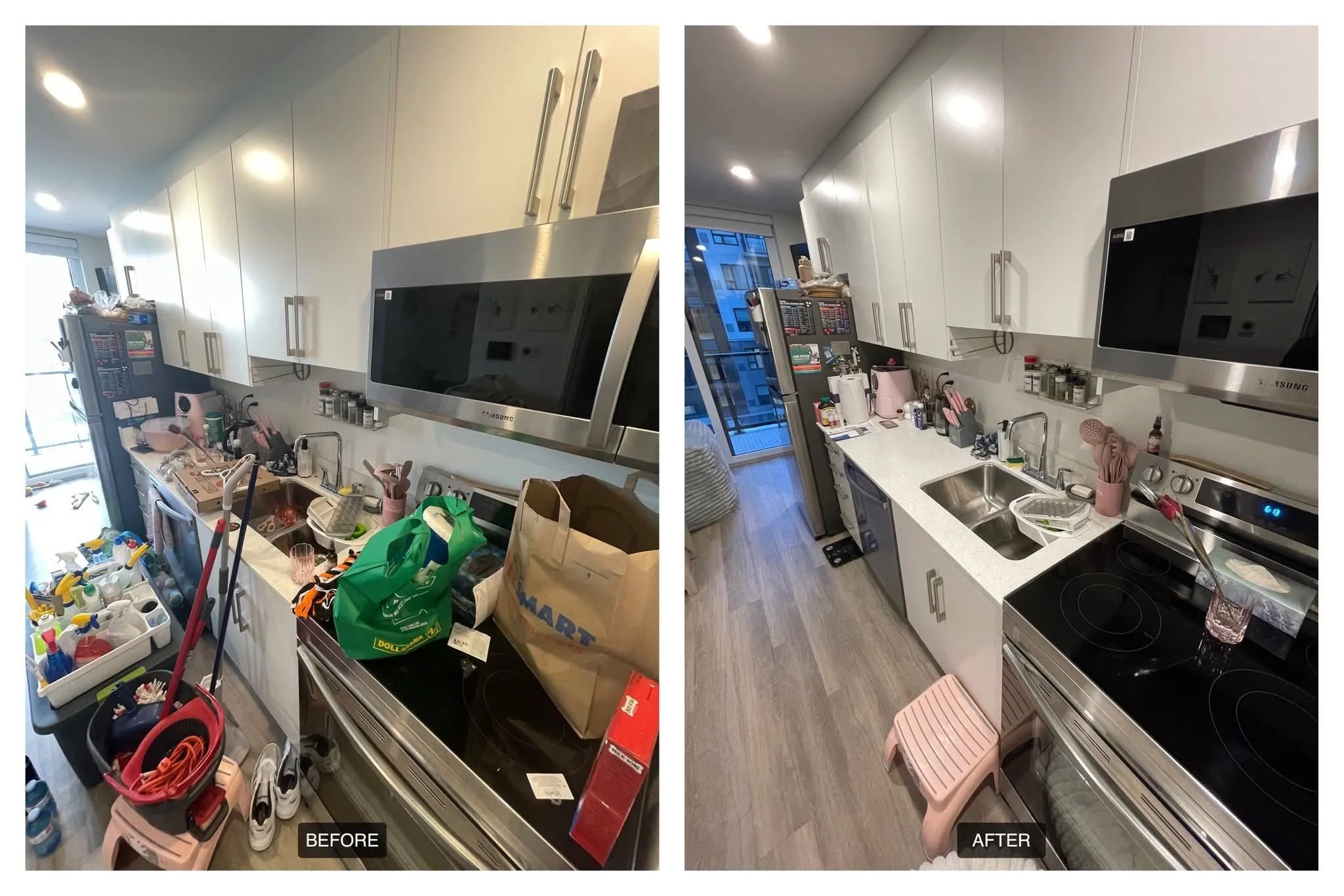 Side-by-side comparison of a cluttered kitchen before and clean after cleaning. The "before" side shows a busy countertop filled with cleaning supplies, bags, and miscellaneous items, with a microwave and other appliances. The "after" side features a
