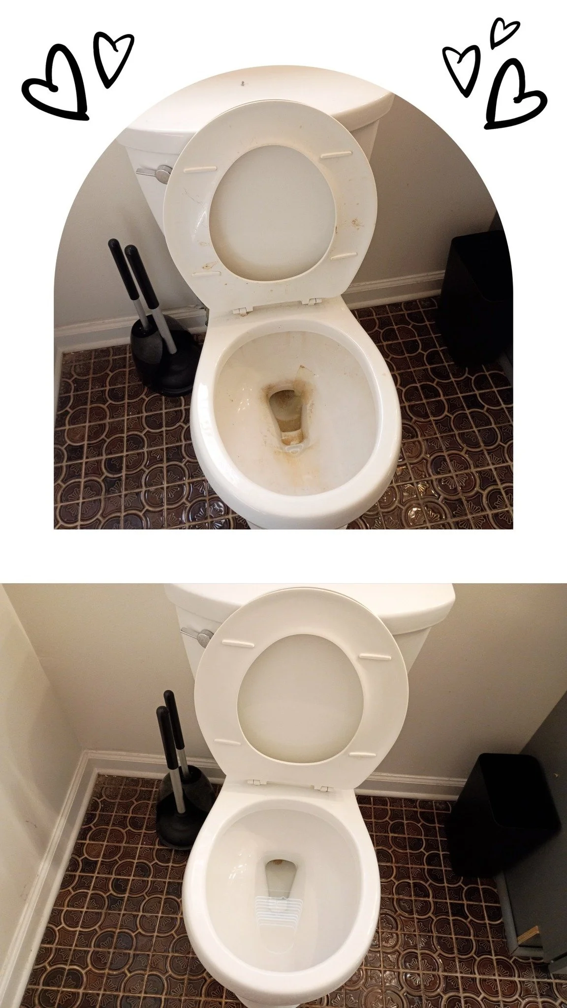 Comparison of a dirty toilet before cleaning and a clean toilet after cleaning in a bathroom. House cleaning in decatur, ga. 