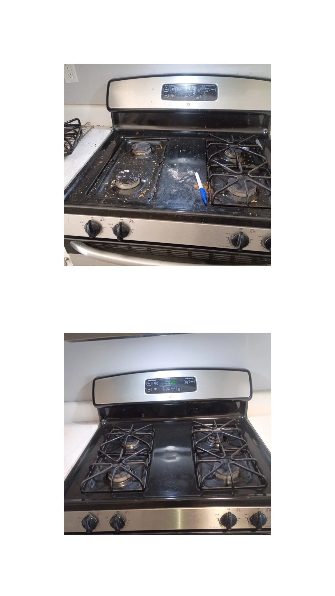Comparison of a dirty, greasy stovetop before cleaning and a clean, shiny stovetop after cleaning. House cleaning in stone mountain, georgia. 