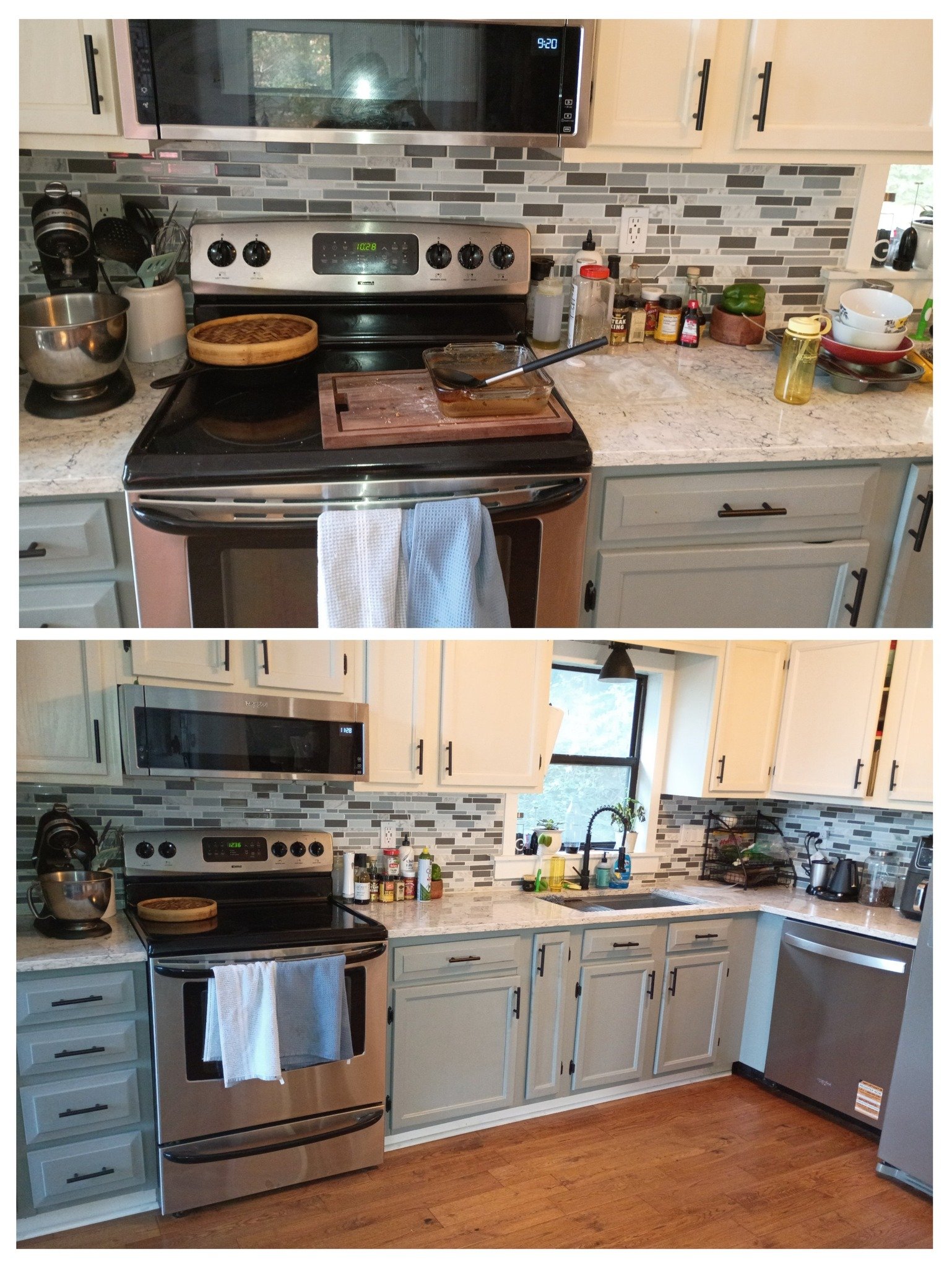 Comparison of a cluttered kitchen countertop in the first image and a tidy, organized kitchen in the second image. The kitchen features white cabinets, a stainless steel oven, and microwave, a gray stone backsplash, and various kitchen appliances and