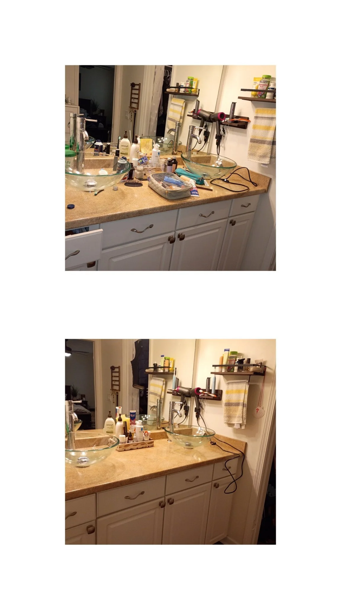 A dirty bathroom vanity with glass sinks, various toiletries, and a mirror, before and after cleaning services in lawrenceville, georgia. 
