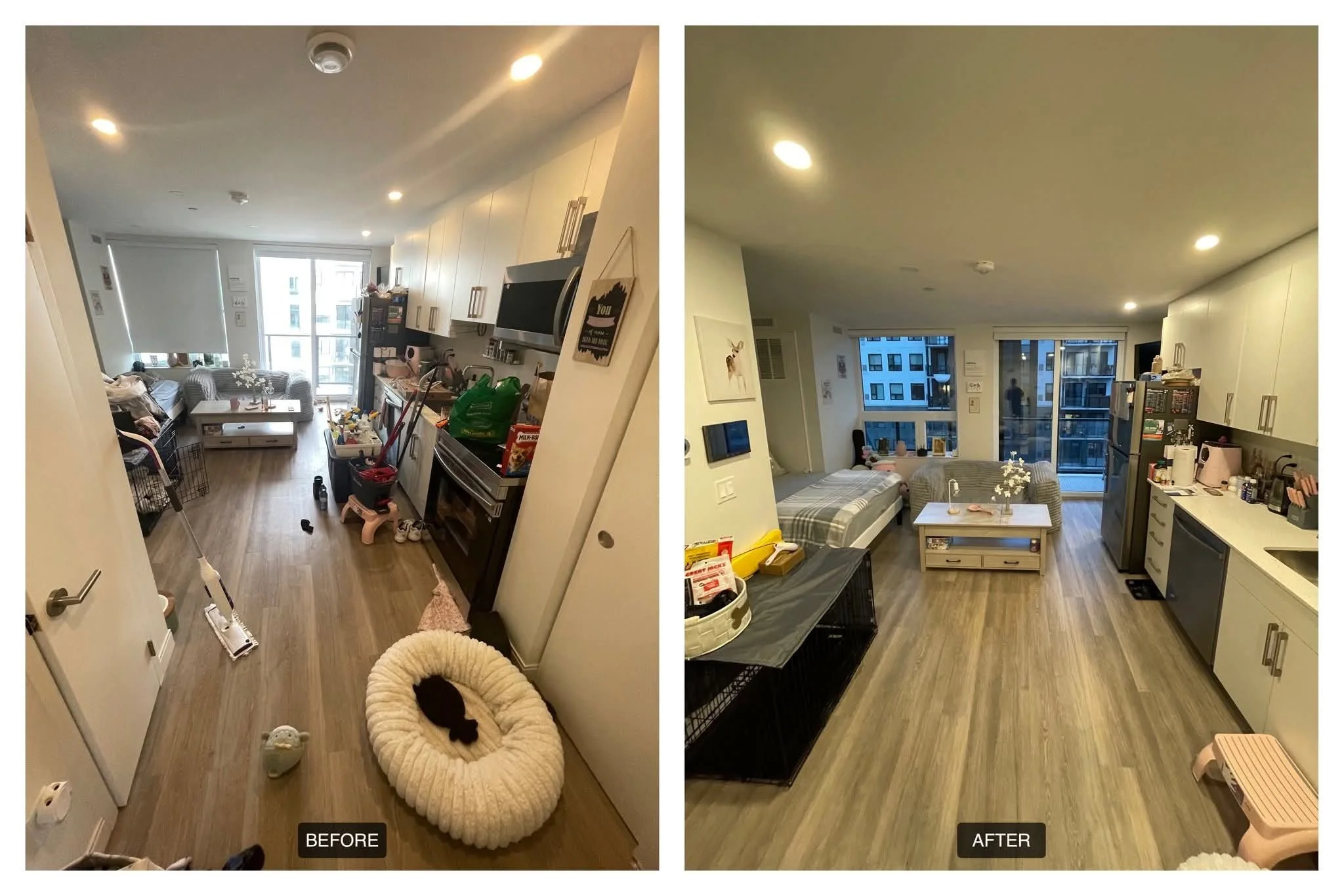 Side-by-side comparison of a living room before and after cleaning, showing cleared and organized space with minimal clutter, new flooring, and updated decor.
