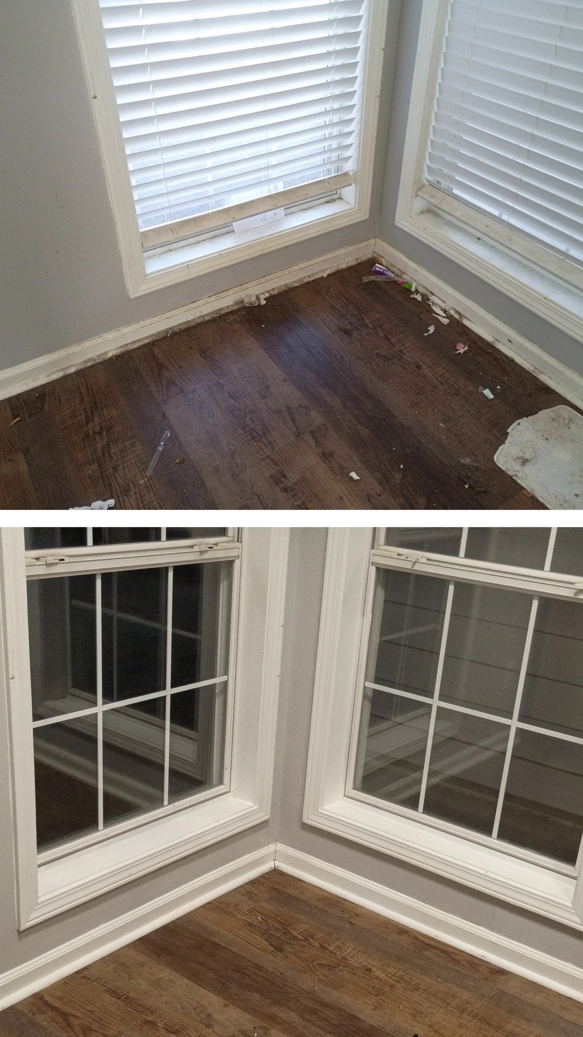 The top image shows a corner of a room with two windows, white blinds, and a floor with scattered debris. The bottom image shows the same corner after cleaning and replacing the window trim with new white trim, with a fresh looking wooden floor. 
