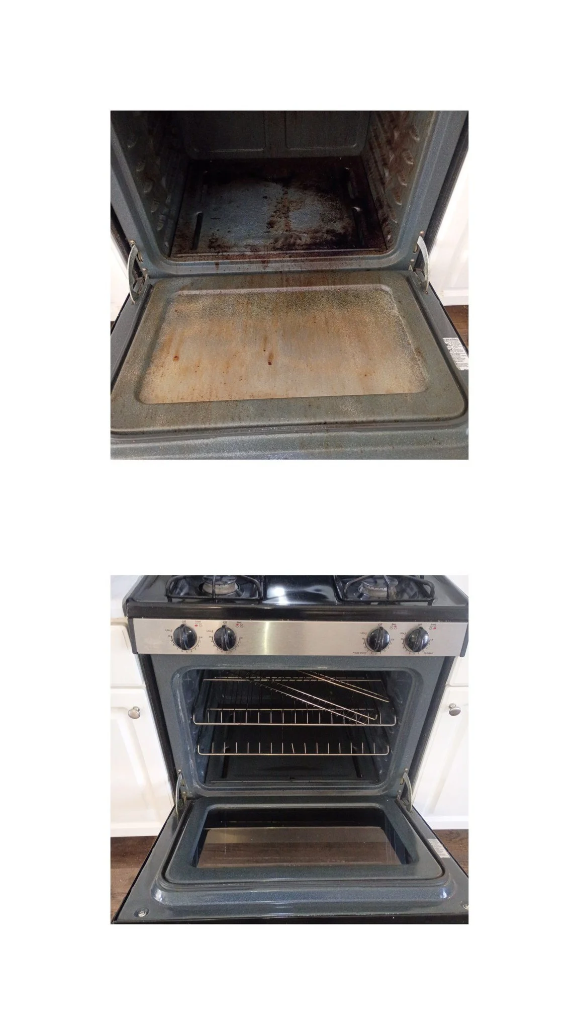Comparison of a dirty, rusty oven door and a clean, stainless steel oven door. Maid services in snellville, georgia. 