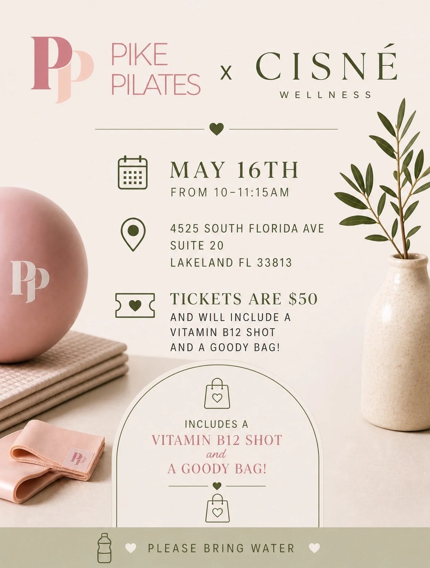 Join us for a special collaboration with Cisn&eacute; Wellness on May 16th from 10&ndash;11:15 AM at Pike Pilates! Your ticket includes:
&bull; A Pilates class
&bull; A vitamin B12 shot
&bull; A curated goody bag

To attend:
1. Visit www.cisnewellnes