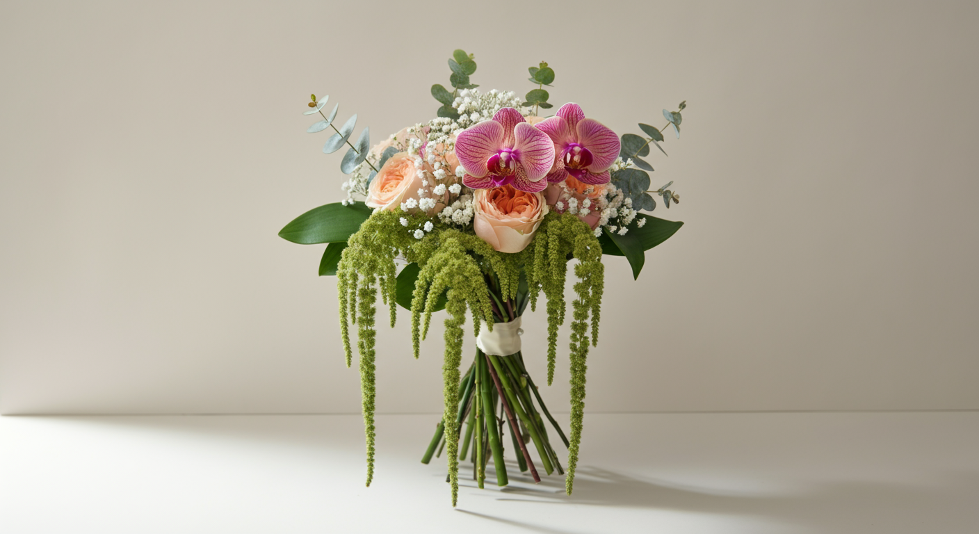 A bouquet of flowers including pink orchids, peach roses, white baby's breath, and green hanging amaranthus, arranged with eucalyptus leaves, tied with a white ribbon.