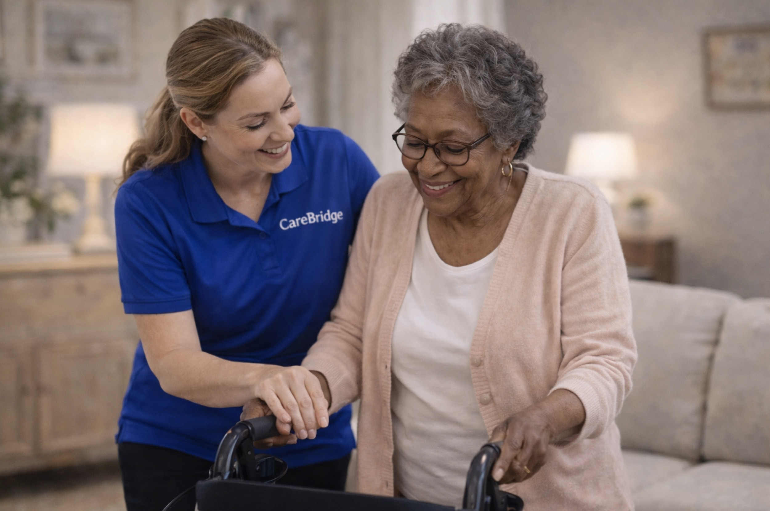 CareBridge staff helping elderly woman walk
