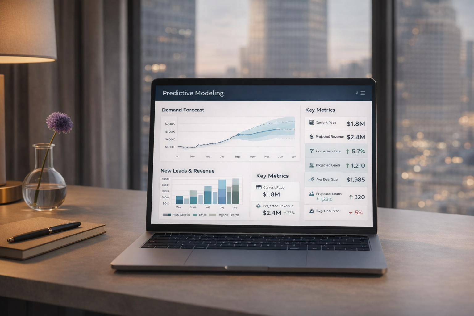 A laptop displaying a predictive modeling dashboard on a desk with a notepad, pen, and a vase with a purple flower in front of a city skyline window.