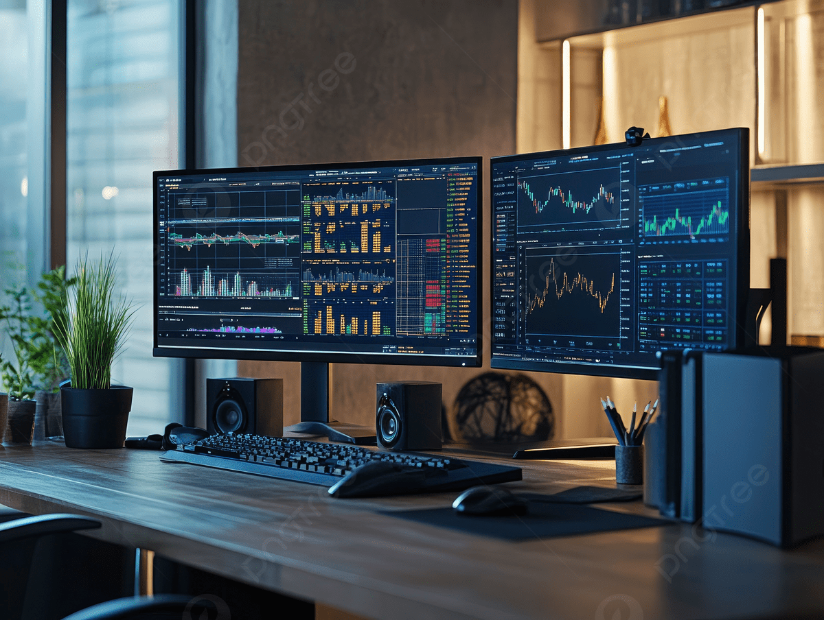 Dual computer monitors displaying stock trading charts and graphs on a modern office desk with a keyboard, mouse, speakers, a potted plant, and office supplies.