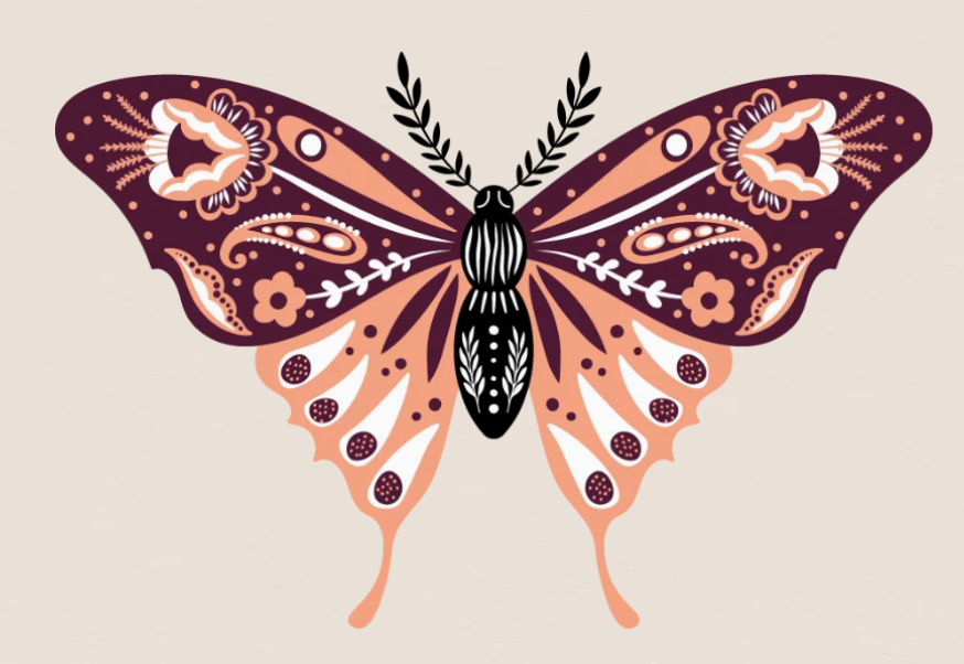 Decorative butterfly with black, pink, and white patterned wings on a light beige background.