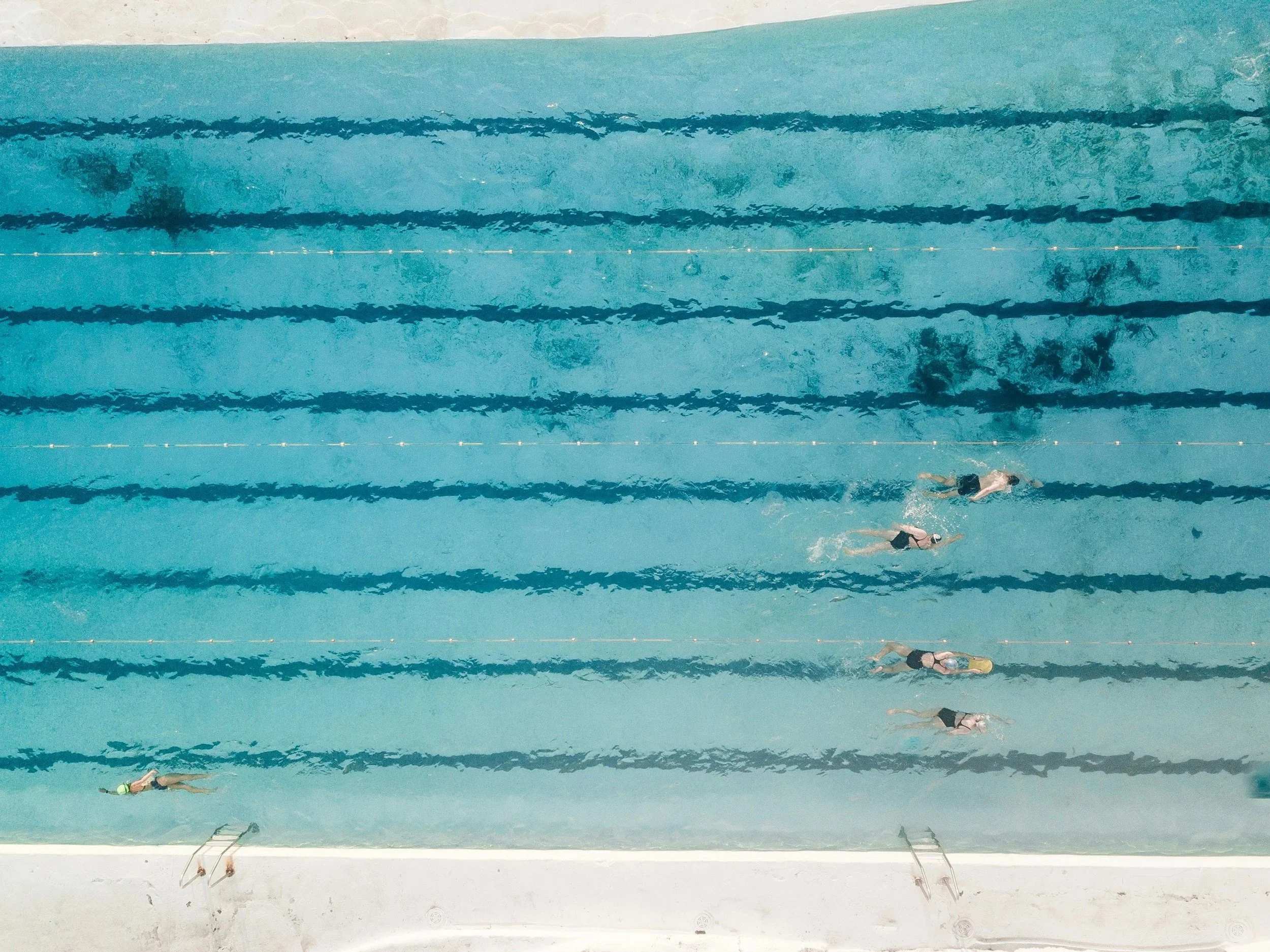 Bird's-eye view of a swimming pool with five swimmers in different lanes practicing swimming strokes.