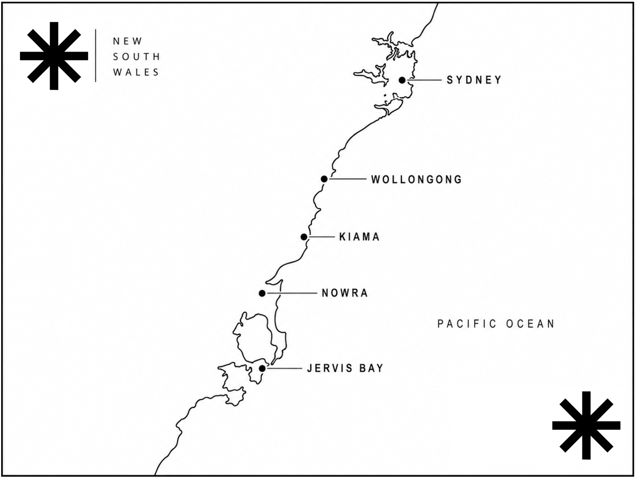 Map of BLACK + WHYTE Inspections' South Coast NSW service area, covering Wollongong, Kiama, Nowra and Jervis Bay