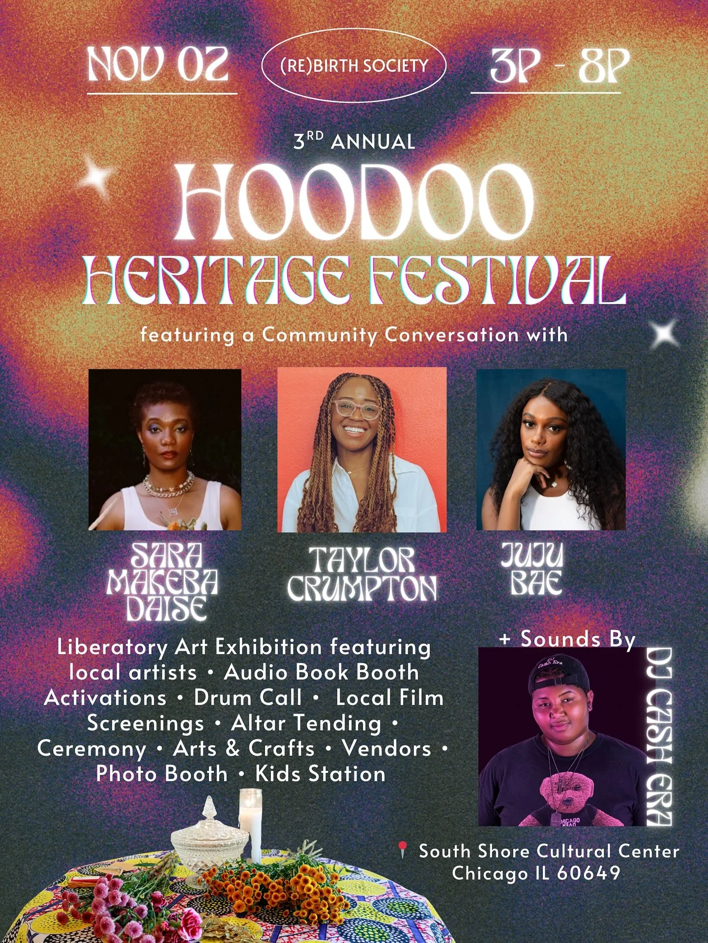 Join us for the 3rd Annual Hoodoo Heritage Festival taking place on Sunday November 2nd from 3p to 8p at South Shore Cultural Center! This event is a yearly communal celebration of African-American cultural history and spiritual traditions, and their