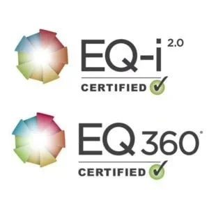 Two certification logos: EQ-i 2.0 and EQ 360, both marked as certified with green check marks, accompanied by a multicolored circular graphic.