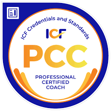 ICF logo with text 'ICF Credentials and Standards', 'PCC', and 'Professional Certified Coach'.