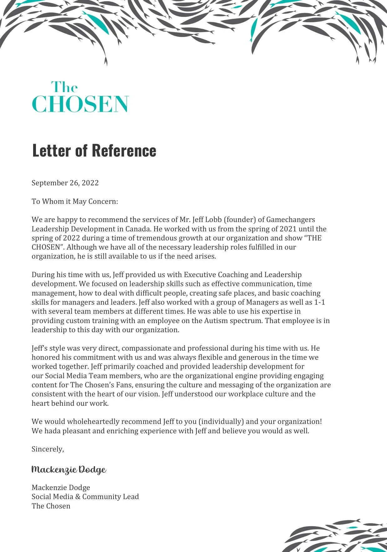Letter of recommendation from Mackenzie Dodge for Jeff Lobb, describing his leadership, coaching, and work with The Chosen organization, dated September 26, 2022, with decorative black, gray, and teal leaf patterns at the top and bottom.