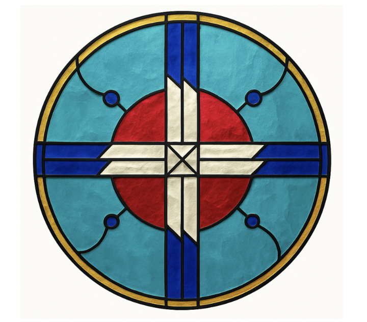Colorful stained glass clock with a red circle center, white cross, and blue and yellow accents, symbolizing The Four Directions, the symbol of Healing the Modern Soul by Sergio Nikita Lialin