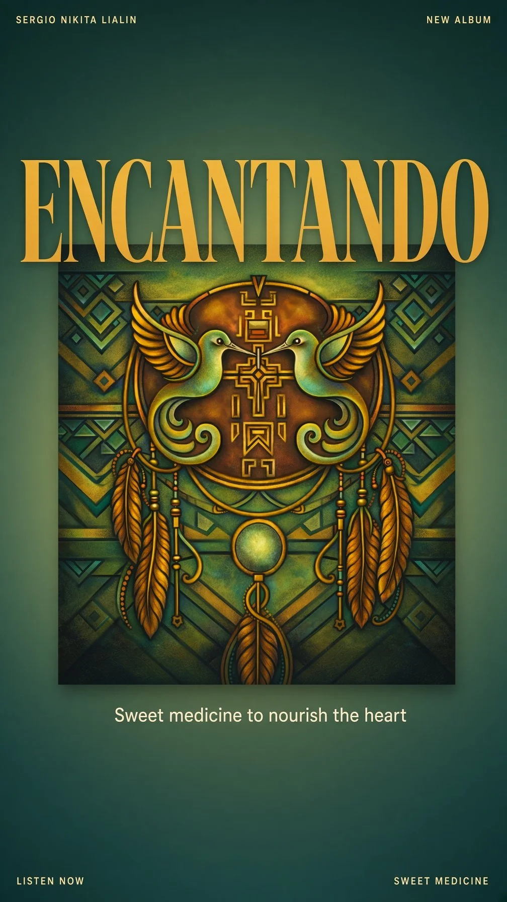 “Encantando album poster by Sergio Nikita Lialin, featuring two green hummingbirds and gold geometric artwork.”
