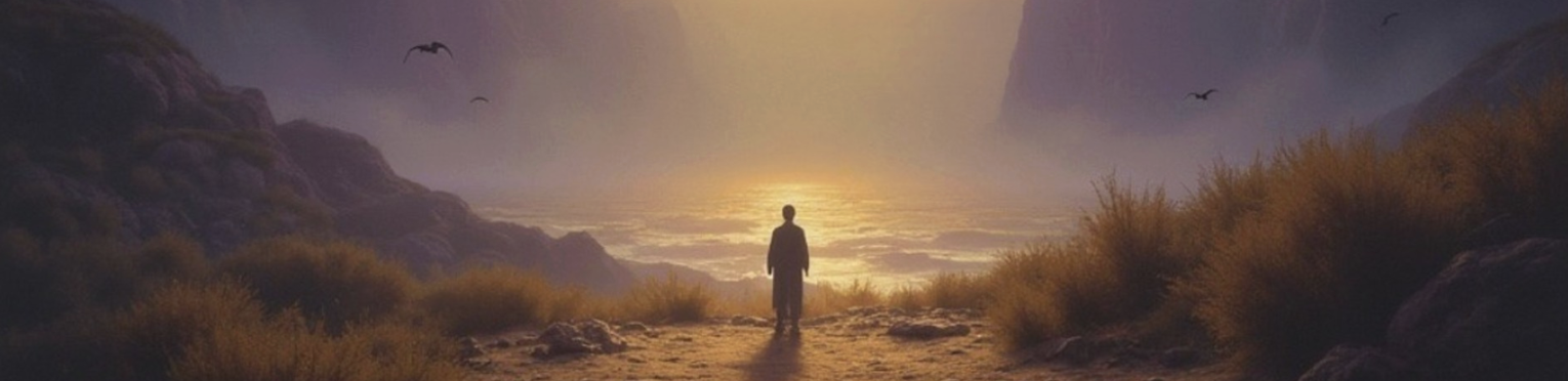 Person standing on a path at sunset with mountains, birds, and cloudy sky in the background.