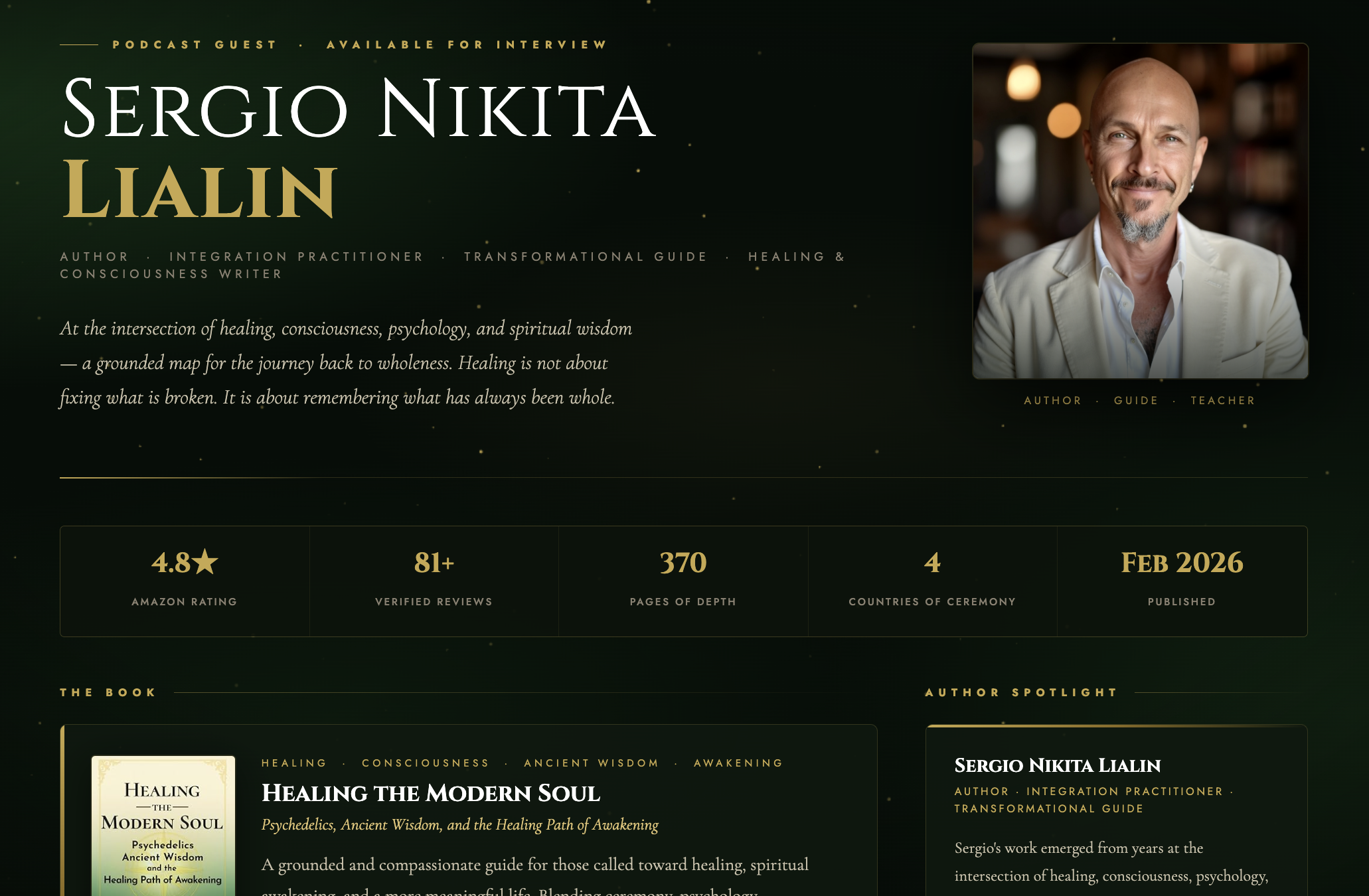 A digital webpage featuring Sergio Nikita Lialin, author and healing guide, with a professional portrait of him on the right side. The background is dark green with gold accents and text, highlighting his profile, reviews, ratings, and book information.