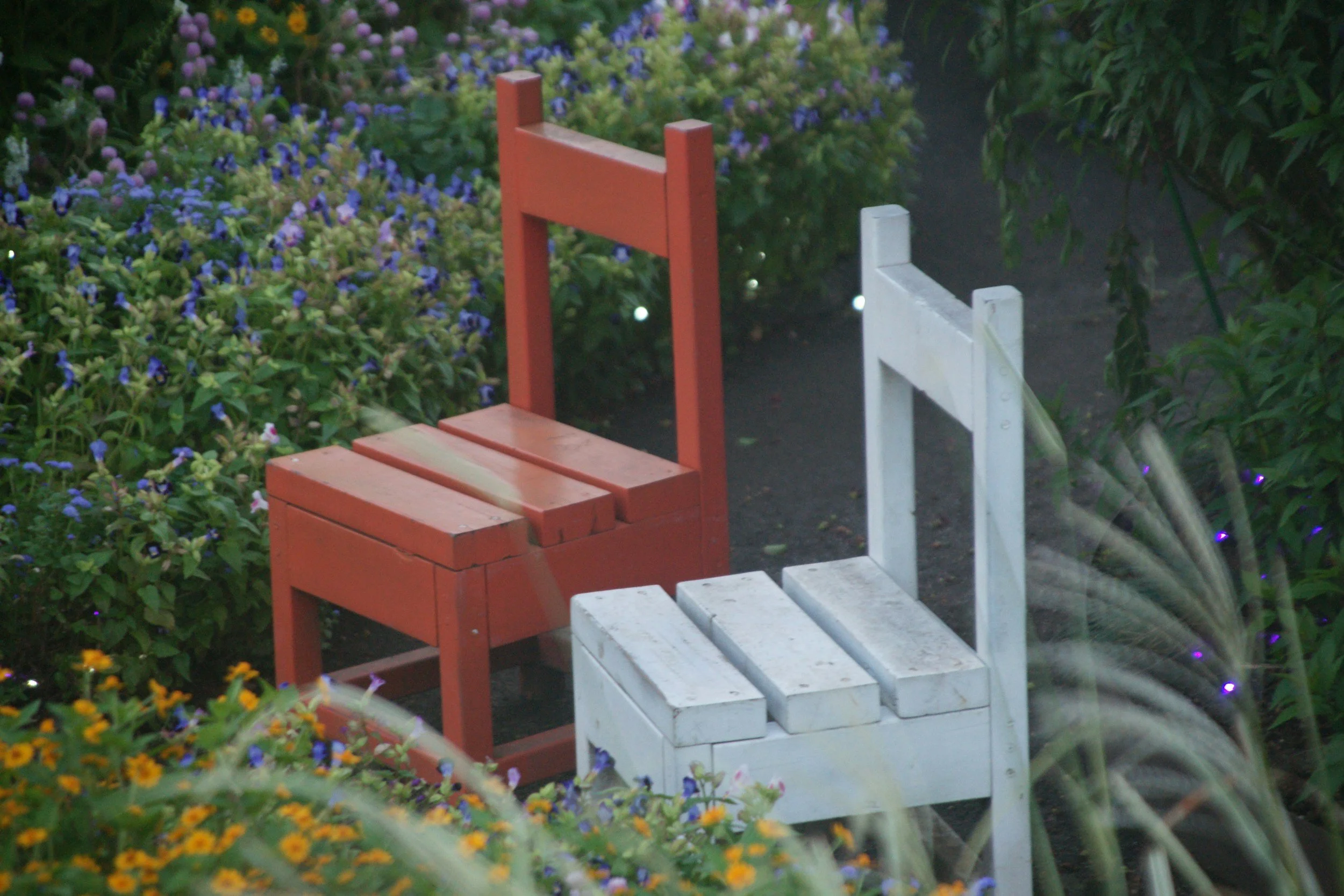 Two small benches, one painted red and one painted white, are placed in a garden surrounded by various colorful flowers and greenery.