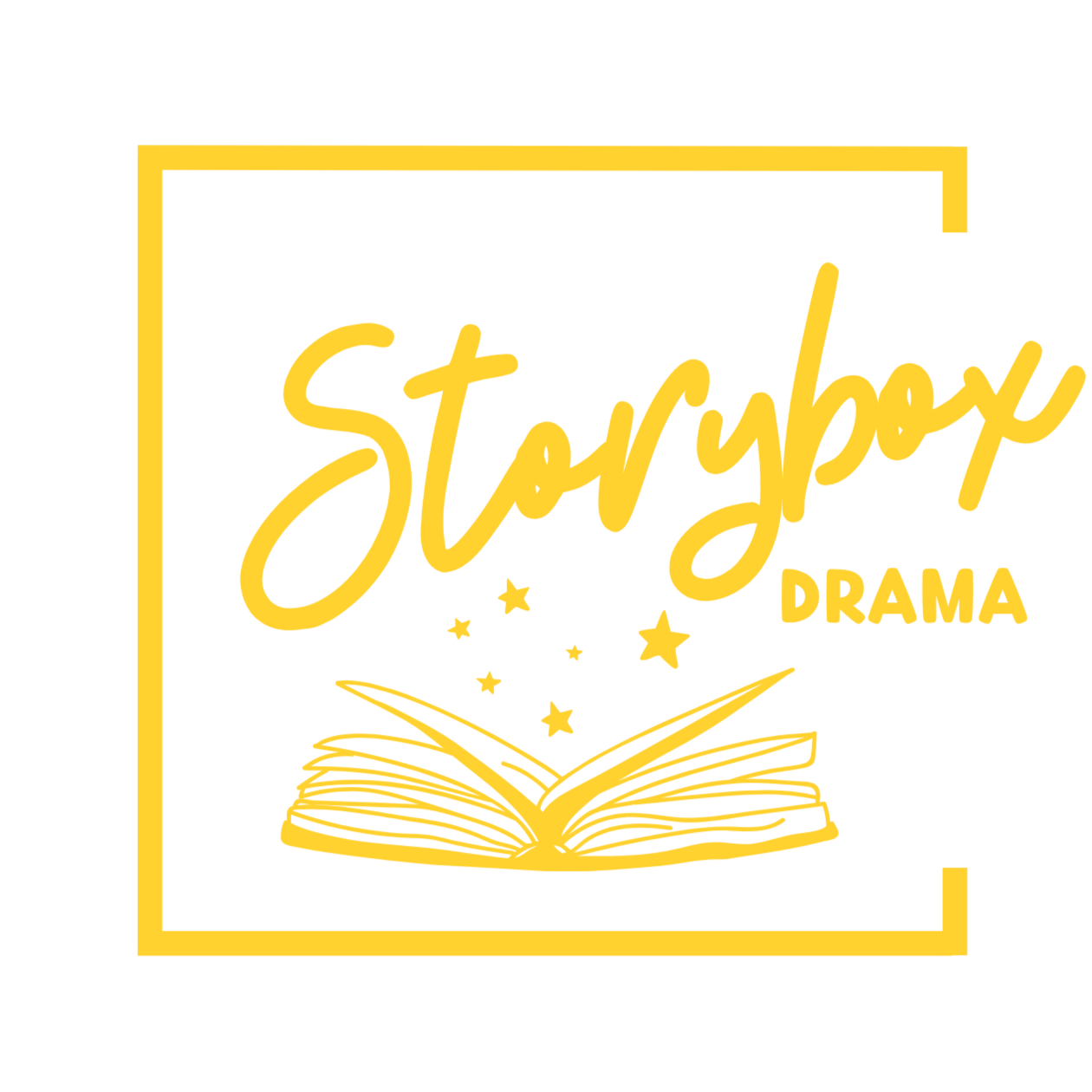 Logo for Storybox Drama featuring an open book with stars and the text 'Storybox Drama' in yellow inside a yellow border.