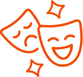 Two theater masks, one sad and one happy, surrounded by stars, outlined in orange.