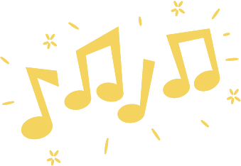 Four yellow musical notes with small decorative lines and stars around them on a black background.