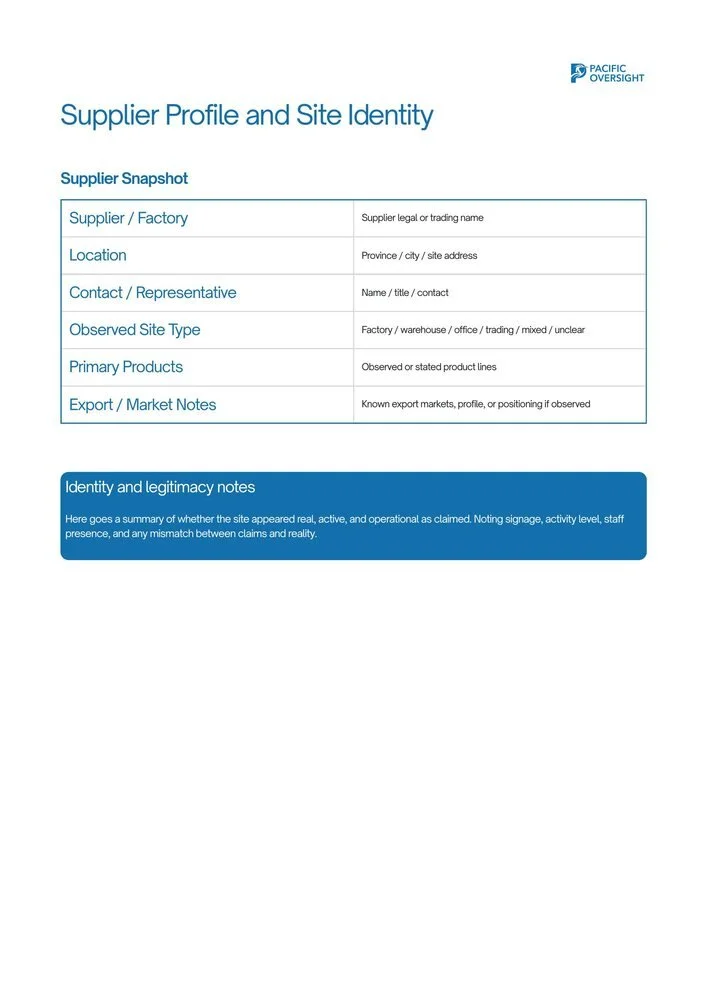 Supplier Profile and Site Identity sample report page